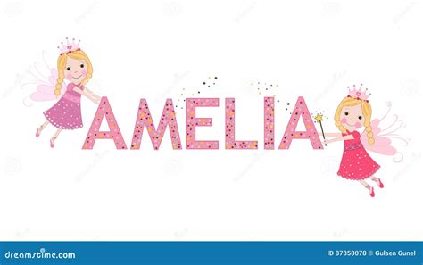 Amelia Female Name With Cute Fairy Vector Illustration Cartoondealer
