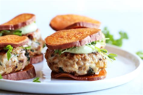 These Caramelized Onion Spinach Feta Turkey Burgers With Sweet Potato