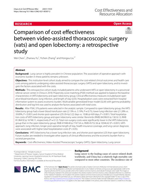Pdf Comparison Of Cost Effectiveness Between Video Assisted Thoracoscopic Surgery Vats And