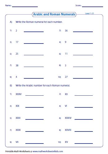 Printable Roman Numerals Worksheet for Kids