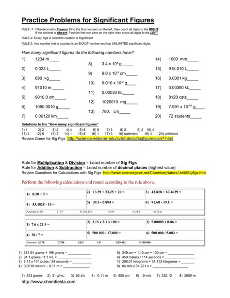 Key Significant Figures Practice Worksheet Answers