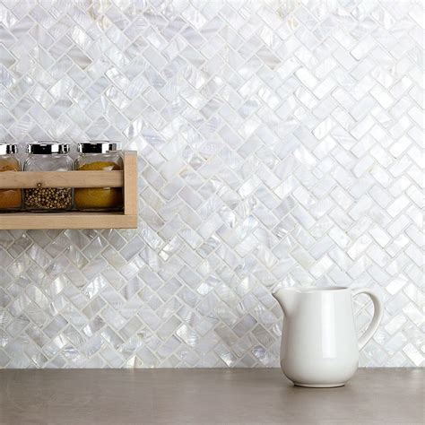 Oyster White Pearl Herringbone Tile Wall Only