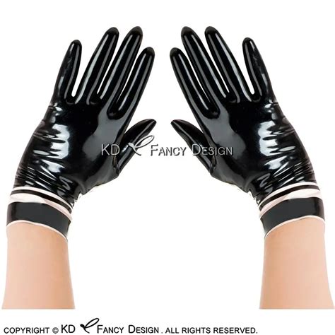 Black With White Trims Sexy Short Latex Gloves With Stripes At Bottoms