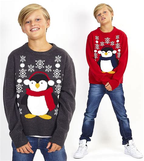 Boys Christmas Jumper Penguin Red Xmas Children Age 7 8 9 10 11 12 13