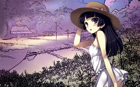 Anime Mor Hd Kahverengi Güneş şapkası Ile Beyaz Elbiseli Siyah Saçlı