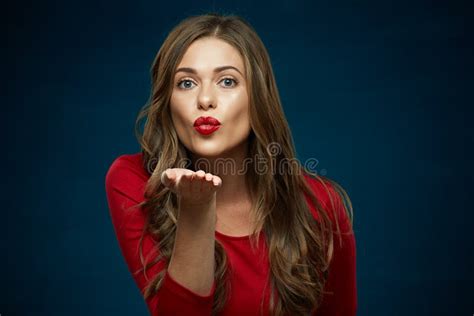 Woman Send Air Kiss With Red Lips Stock Image Image Of Dark Care