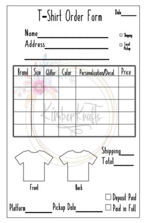 Printable Letter Size Order Form T Shirt Etsy