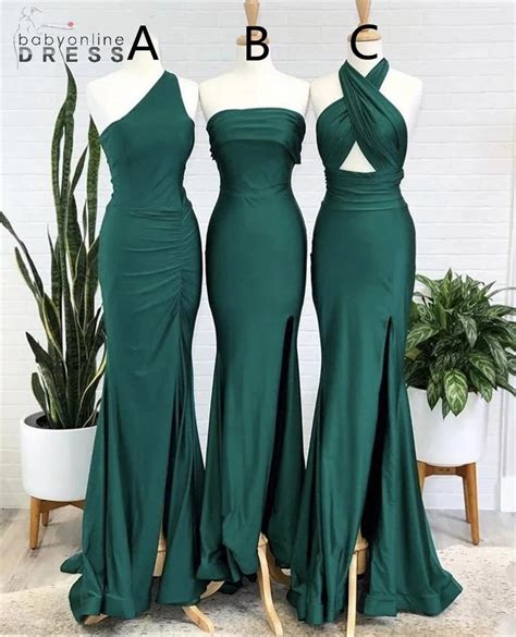 Dark Green Mermaid Bridesmaid Dresses Mixed Neckline Designed Wedding Party Guest Dresses Sweep