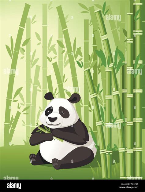 Bamboo Trees Asian Forest Landscape With Cute Big Panda Eating Bamboo
