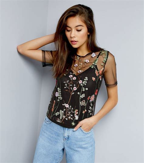 Black Floral Embroidered Mesh Top New Look Teen Fashion Fashion