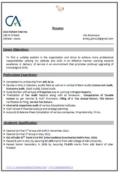 indian chartered accountant resume sample resume writing