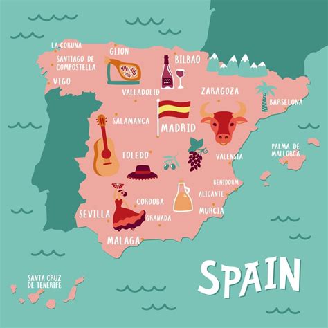 Mapa Turístico Vectorial De España Ilustración De Viaje Con Atributos