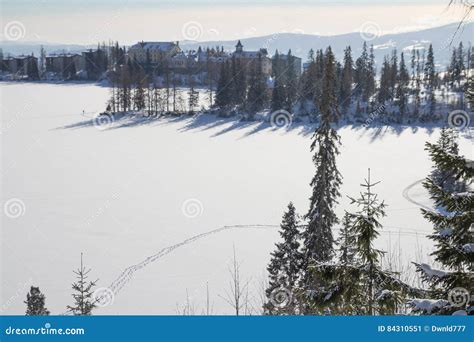 Top View Of Frozen Lake Covered With Snow Stock Image Image Of View