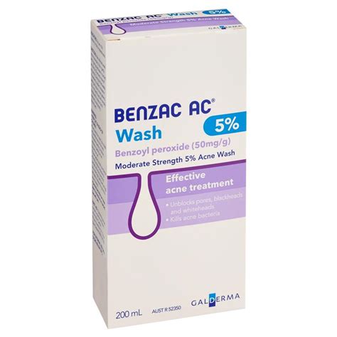 Benzac ac 5 wash 100g is made with 5g of benzoyl peroxide per 100g to help fight the cause of acne. Buy Benzac AC Wash 5% 200mL Online at Chemist Warehouse®