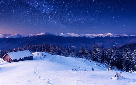 Winter Cabin On Starry Night Hd Wallpaper Background