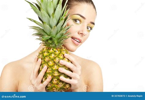 Beauty Young Beautiful Woman Holding Pineapple Stock Image Image Of Female Cheerful 32783873