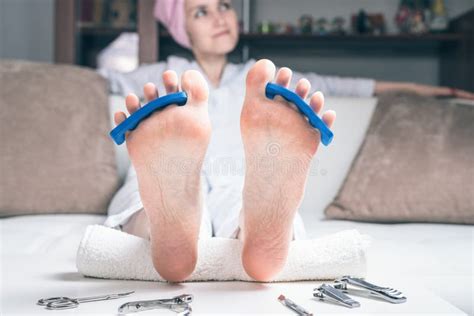 View Of Women S Feet From Below During Pedicure Stock Photo Image Of