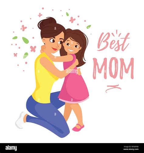 Vector Cartoon Style Illustration Of Happy Mother Hugging Daughter