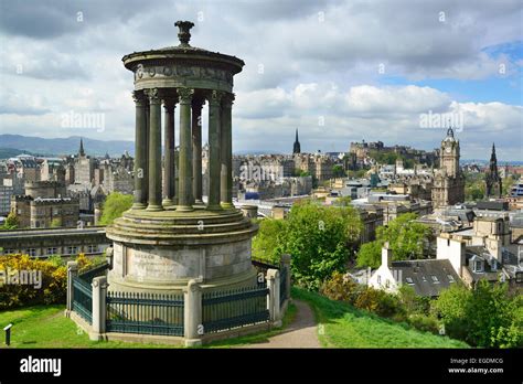 Dugald Stewart Monument On Calton Hill With View To City Of Edinburgh