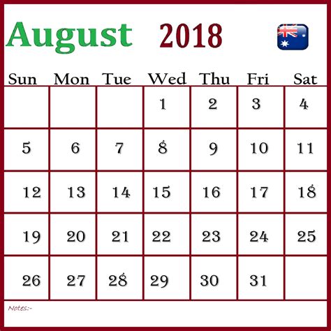 August 2018 Calendar Australia Printable Blank Calendar Template
