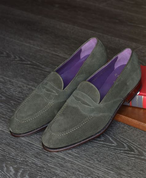 Light Green Suede Penny Loafer By Carmina Mens Spring Summer Fashion