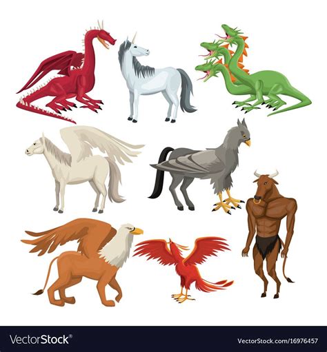 Colorful Set Animal Greek Mythological Creatures Vector Illustration