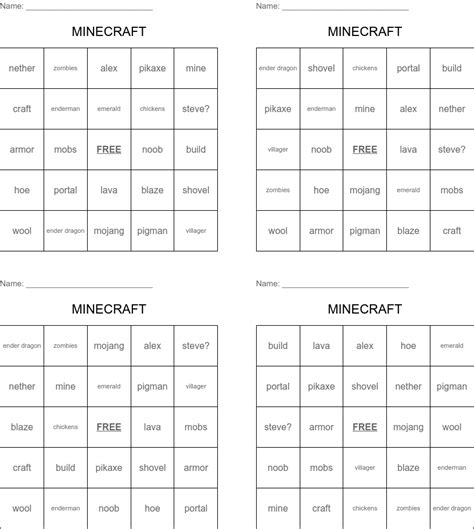 Minecraft Bingo Free Printable