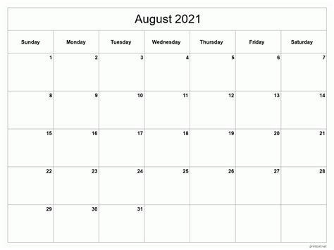 Blank August 2021 Calendar Fillable Printable Template 1 Free Images