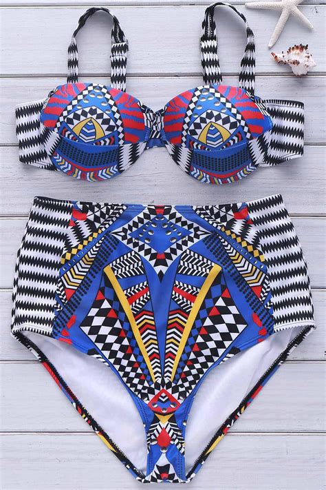 Deep Blue L Stylish Halterneck Printed High Waisted Bikini Set For