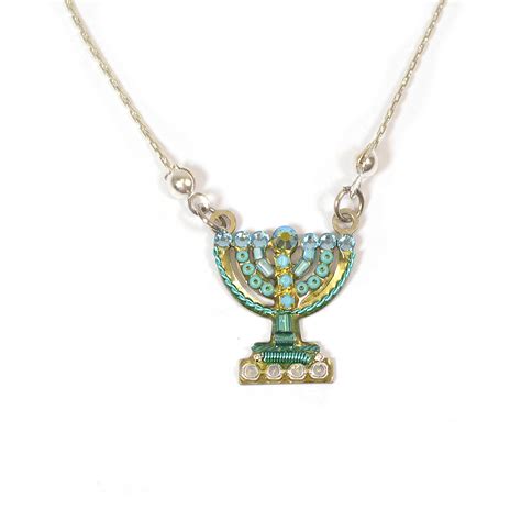 jewish jewelry green and gold crystal menorah necklace made in israel