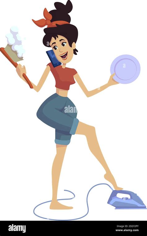 Housewife Flat Cartoon Vector Illustration Woman Doing Housework