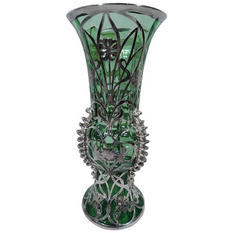 Gorham Tall And Unusual Silver Overlay Green Glass Vase For Sale At 1stdibs