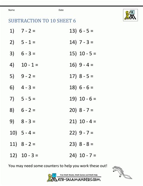 Subtraction to 10 worksheets