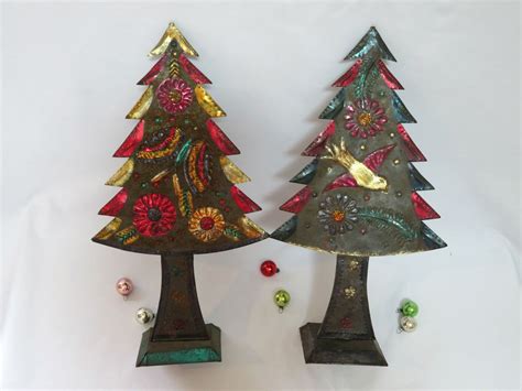 2 Vintage Punched Tin Christmas Trees Made In Mexico Mid Century