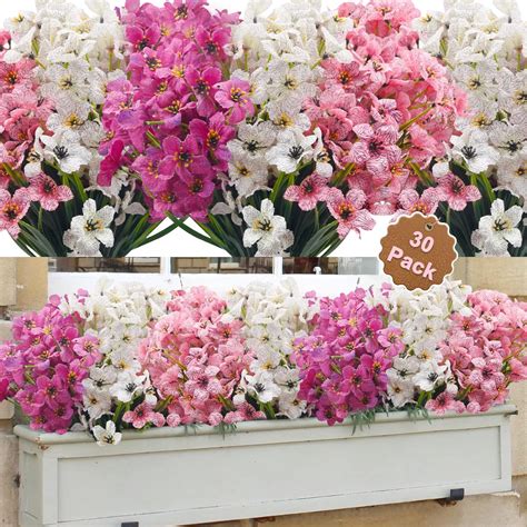 Aufind 30 Bundles Artificial Flowers Outdoor Indoor Uv Resistant Fake Flowers No