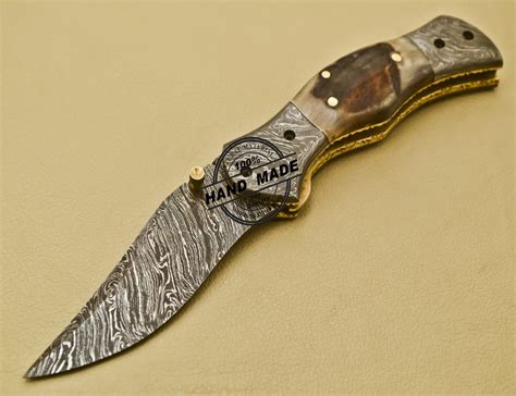 Custom Handmade Damascus Steel Pocket Folding Knife With Sheep
