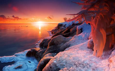 Beautiful Winter Sunrise Lake Ice Snow Wallpaper 1920x1200