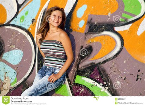 Girl Near Graffiti Wall Background Stock Image Image Of