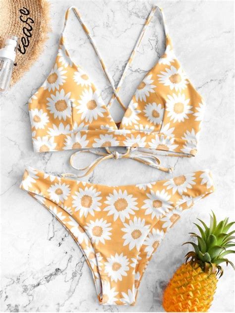 OFF Daisy Print Lace Up Padded Bikini Swimsuit In MULTI A