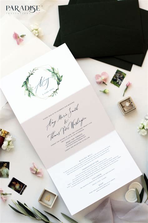 Claudine Green Wreath Tri Fold Wedding Invitation Wedding Invitations