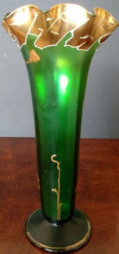 Moser Art Glass Rare And Fine 12 Tall Green And Lots Of Gold Flared Top Vase Ebay