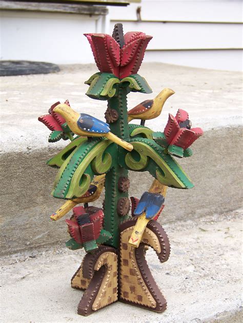 Tramp Art Tulip Tree Sculpture With Carved Distelfinks Tree Sculpture