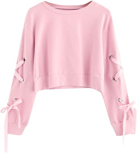 Women Casual Lace Up Long Sleeve Pullover Crop Top Solid Feast Clothing
