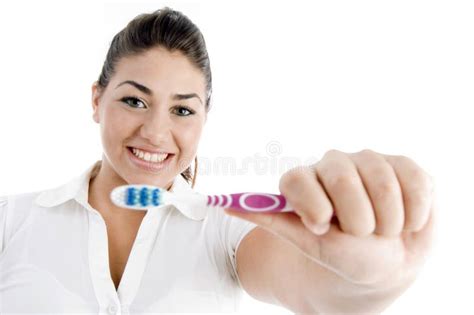 Smiling Female Showing Toothbrush Stock Photo Image Of Prevention