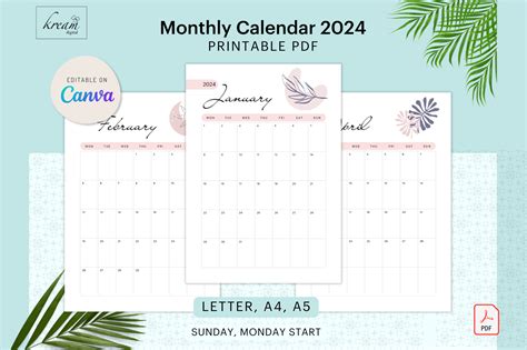 Canva Monthly Calendar 2024 Graphic By Kream Digital · Creative Fabrica