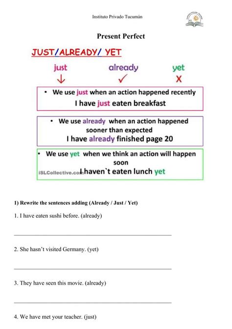 Present Perfect Just Already Yet Worksheet English As A Second