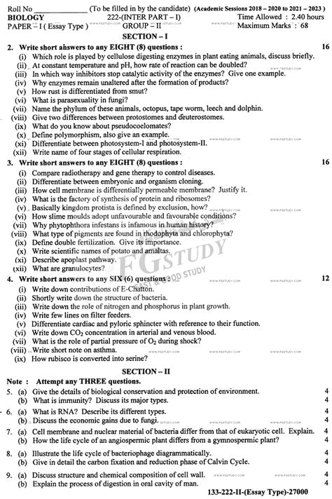 11th class biology past paper 2022 lahore board group 2 subjective