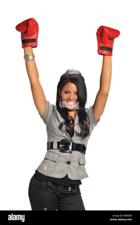 Woman Expressing Victory Wearing Boxing Gloves Isolated On A White