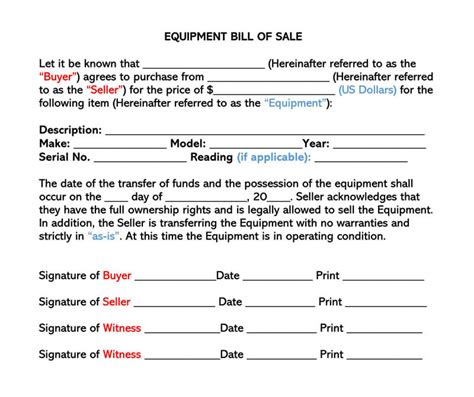 Free Equipment Bill Of Sale Forms How To Sell Word PDF