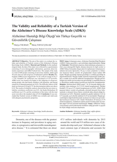 Pdf The Validity And Reliability Of A Turkish Version Of The